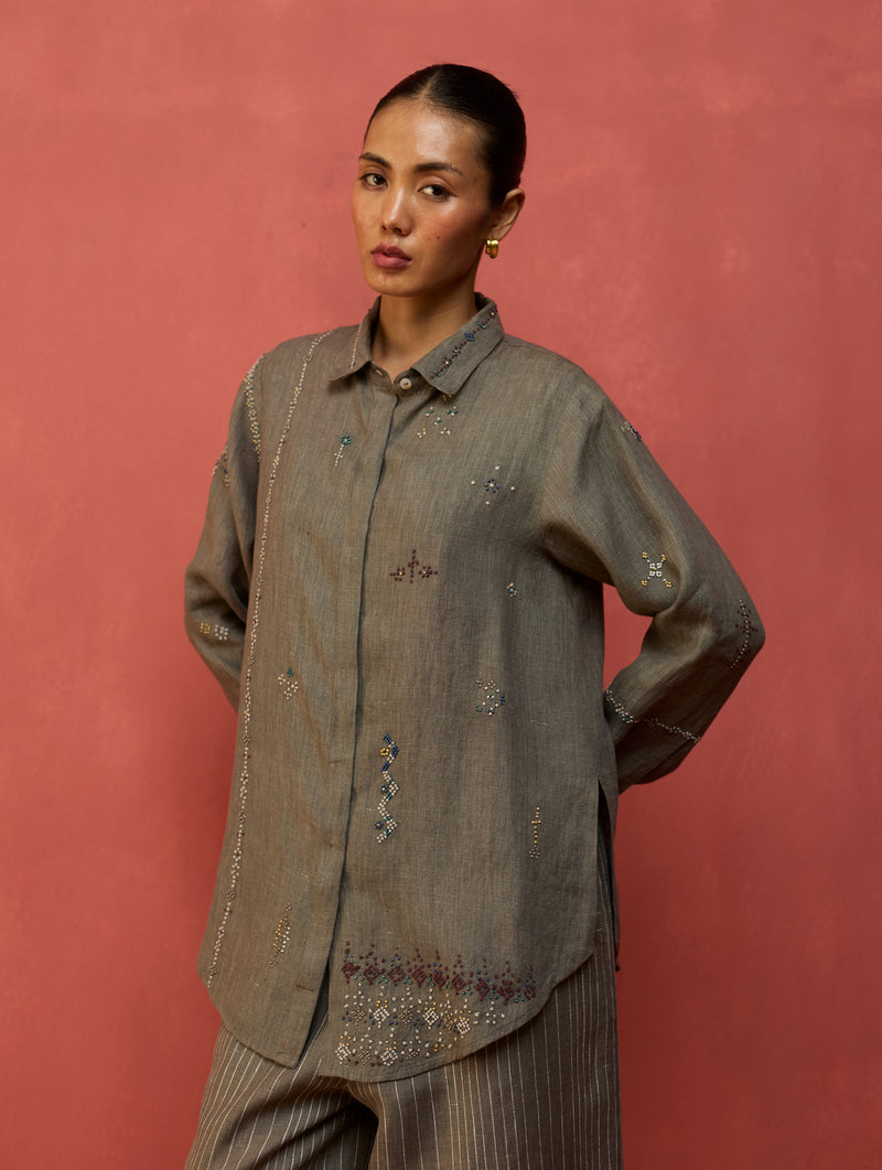 Kira Hand-Embroidered Linen Co-ord Set - Grey