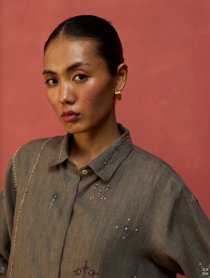 Kira Hand-Embroidered Linen Co-ord Set - Grey