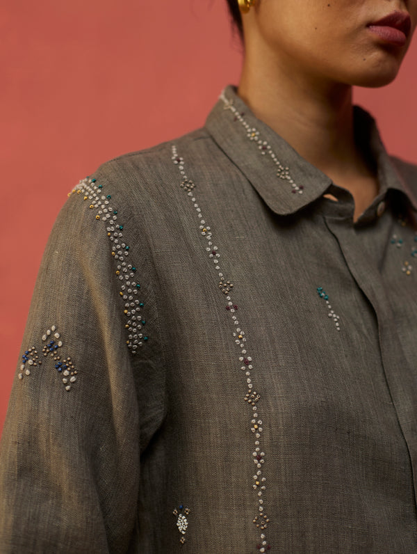 Kira Hand-Embroidered Linen Shirt - Grey
