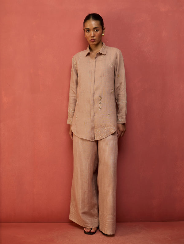 Kira Hand-Embroidered Linen Co-ord Set - Dusty Rose