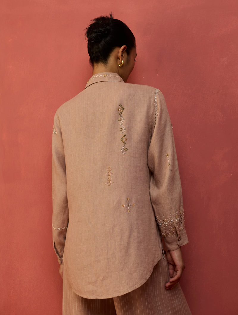 Kira Hand-Embroidered Linen Shirt - Dusty Rose
