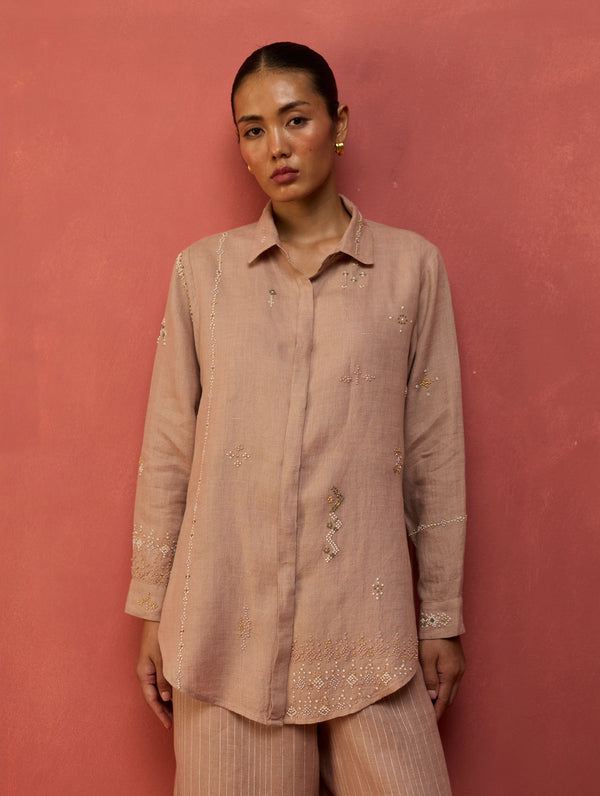 Kira Hand-Embroidered Linen Shirt - Dusty Rose