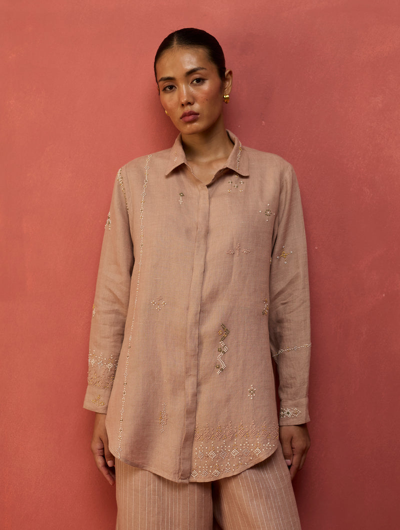Kira Hand-Embroidered Linen Shirt - Dusty Rose