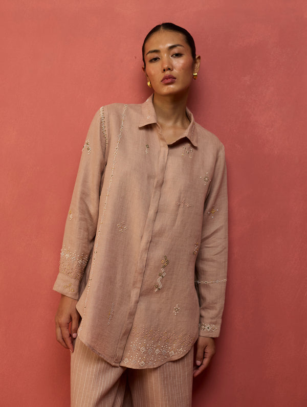 Kira Hand-Embroidered Linen Shirt - Dusty Rose