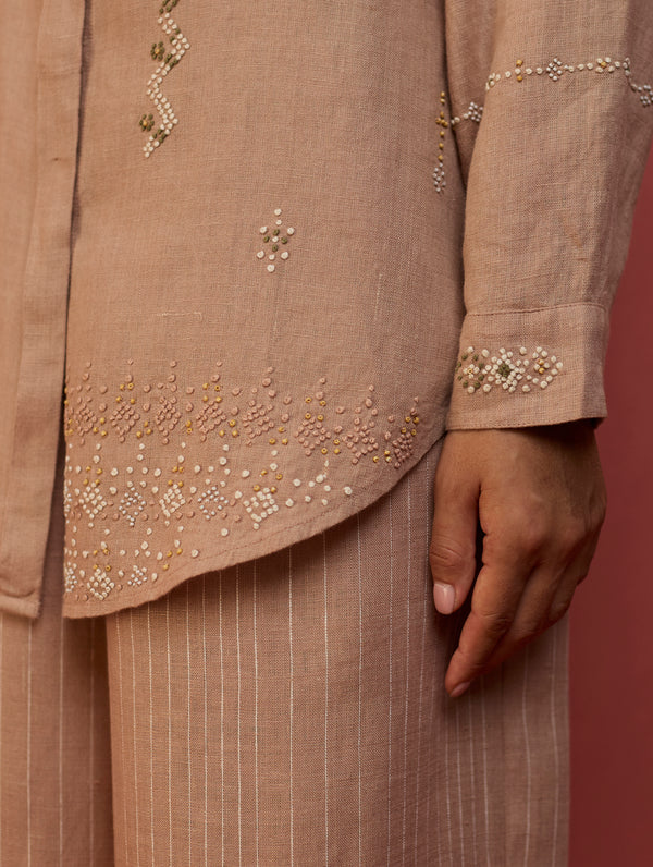 Kira Hand-Embroidered Linen Shirt - Dusty Rose