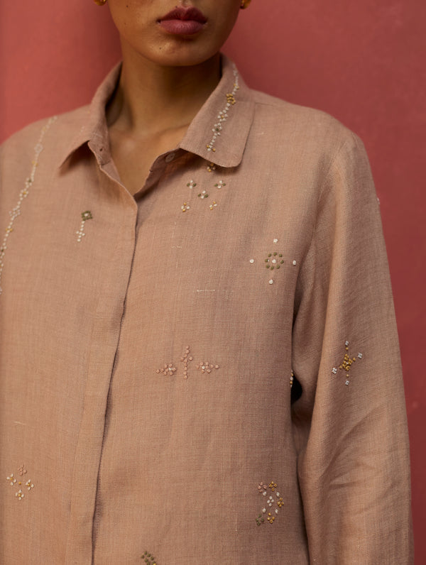 Kira Hand-Embroidered Linen Shirt - Dusty Rose