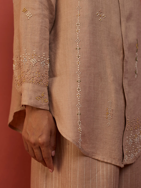 Kira Hand-Embroidered Linen Shirt - Dusty Rose
