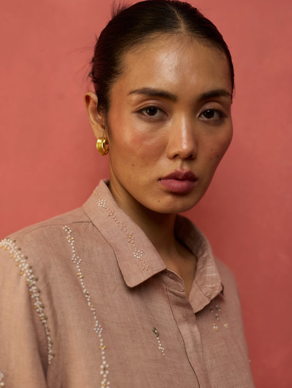 Kira Hand-Embroidered Linen Shirt - Dusty Rose