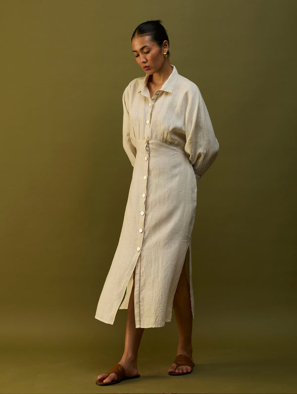 Masaru Buttoned Linen Dress - Off White