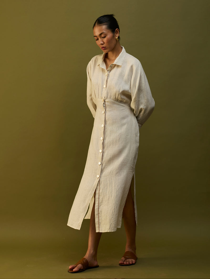 Masaru Buttoned Linen Dress - Off White