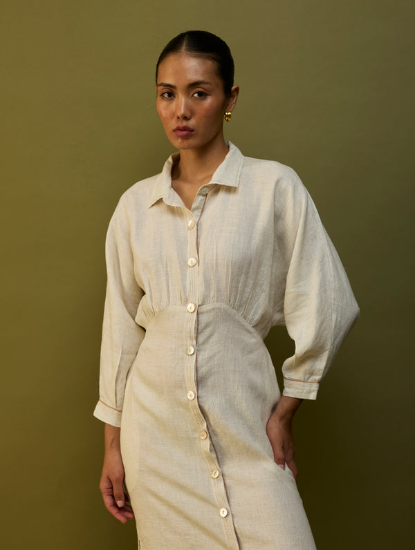 Masaru Buttoned Linen Dress - Off White