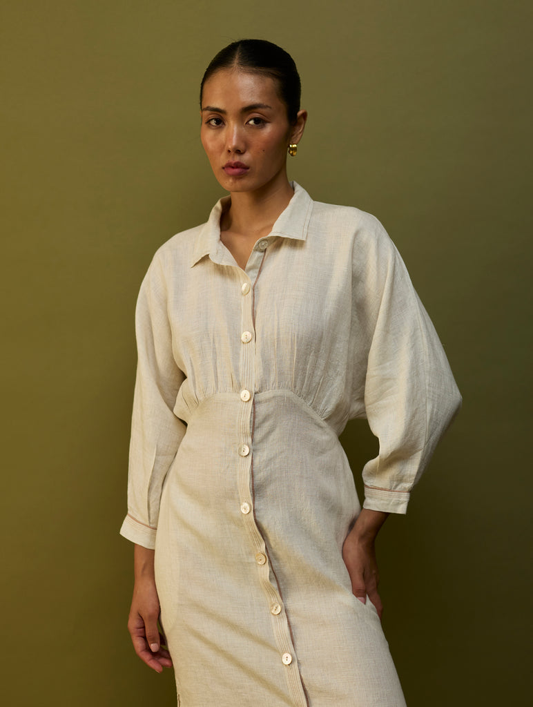 knee length dresses for ladies Masaru Buttoned Linen Dress