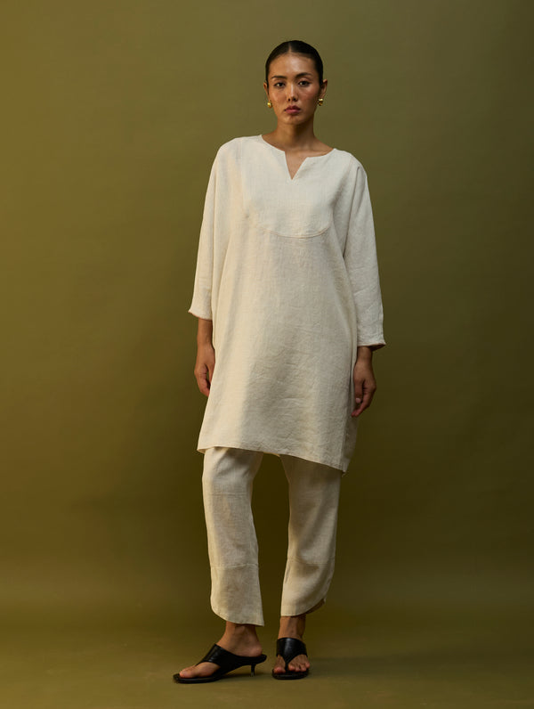Etsu Yoke Linen Kurta Set - Off White