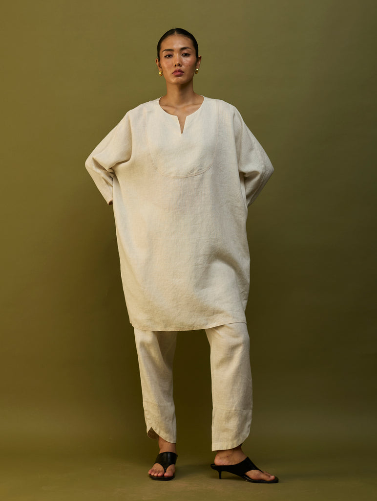 Etsu Yoke Linen Kurta Set - Off White
