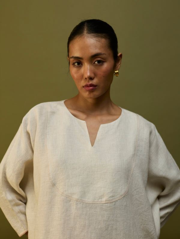 Etsu Yoke Linen Kurta Set - Off White