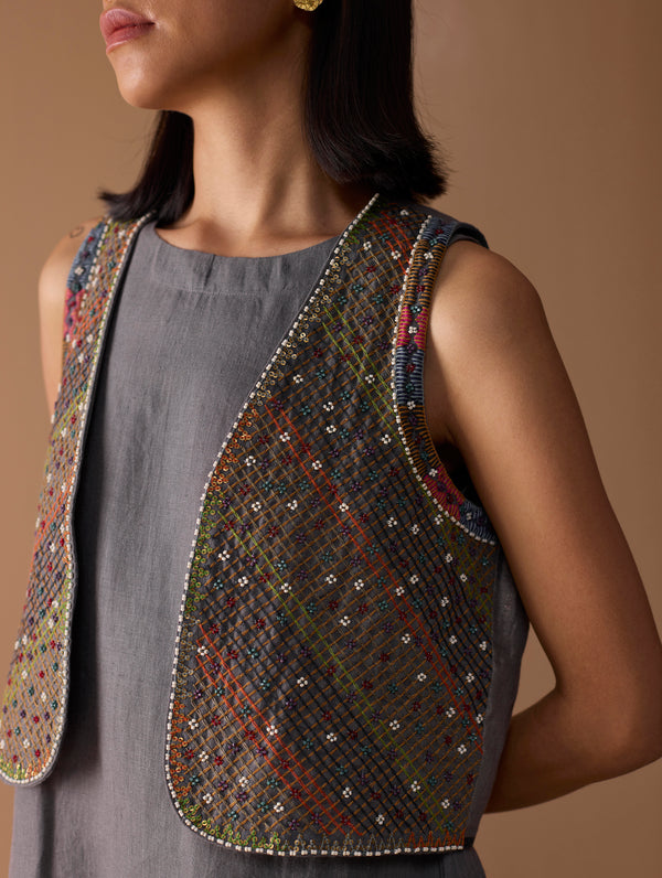 Riza Hand-Embroidered Vest - Metallic Grey