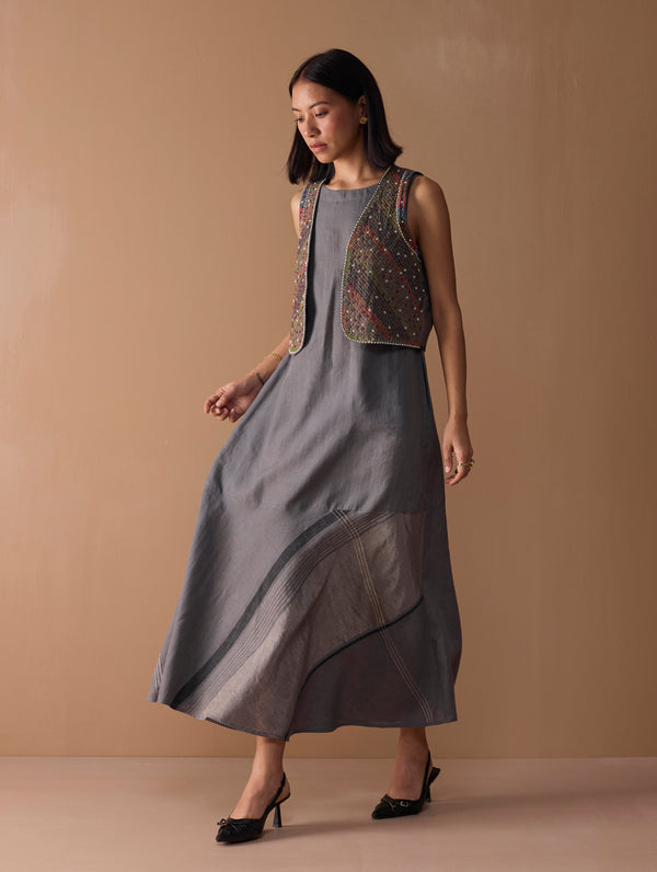Riza Hand-Embroidered Vest - Metallic Grey