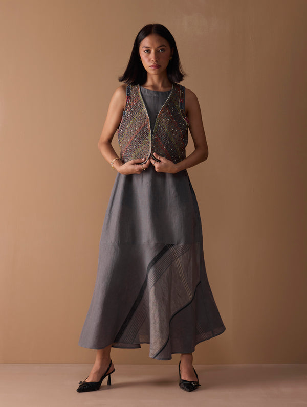 Riza Hand-Embroidered Vest - Metallic Grey