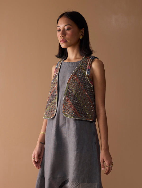 Riza Hand-Embroidered Vest - Metallic Grey
