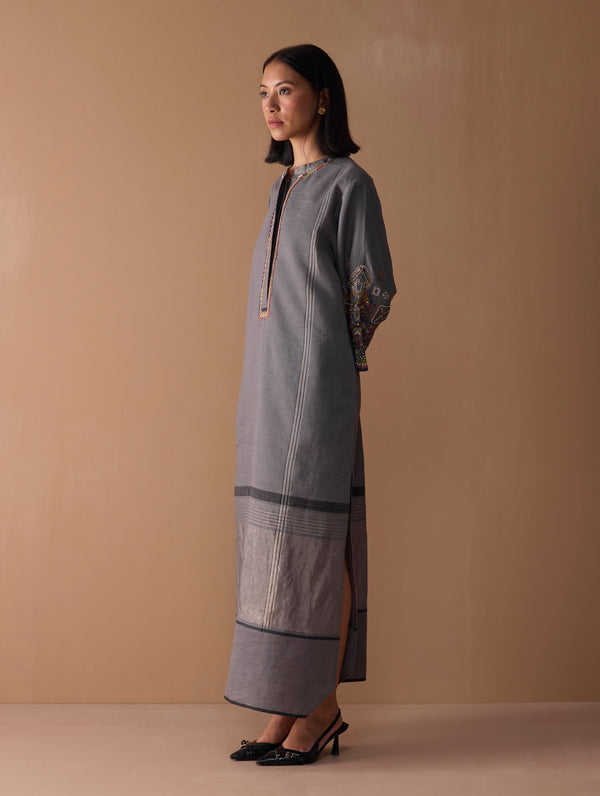 Afshan Hand-Embroidered Dress - Metallic Grey