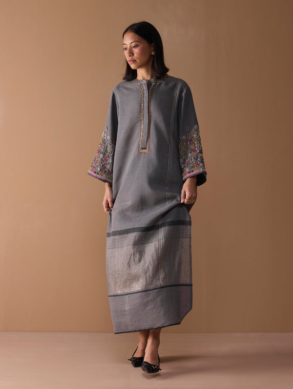 Afshan Hand-Embroidered Dress - Metallic Grey