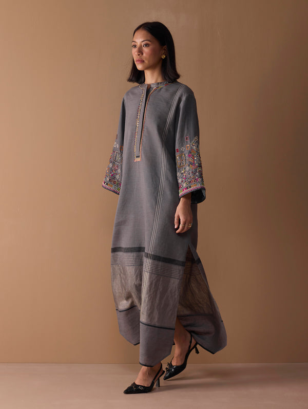 Afshan Hand-Embroidered Dress - Metallic Grey