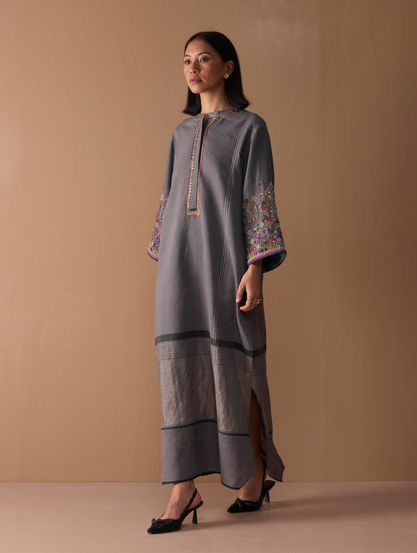 Afshan Hand-Embroidered Dress - Metallic Grey