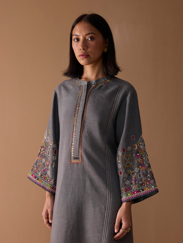 Afshan Hand-Embroidered Dress - Metallic Grey