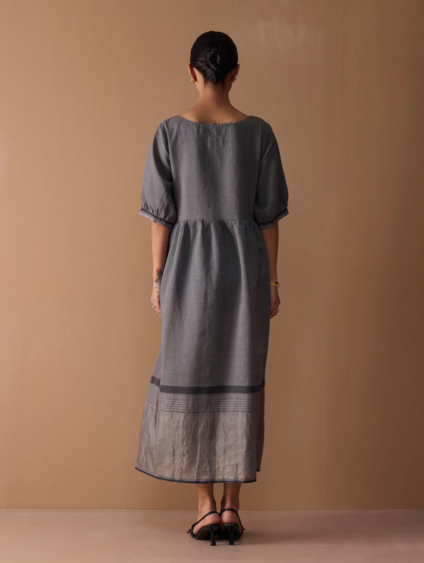 Mara Metallic Linen Gathered Dress - Metallic Grey