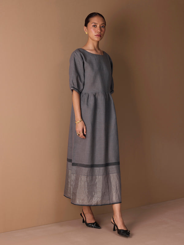 Mara Metallic Linen Gathered Dress - Metallic Grey