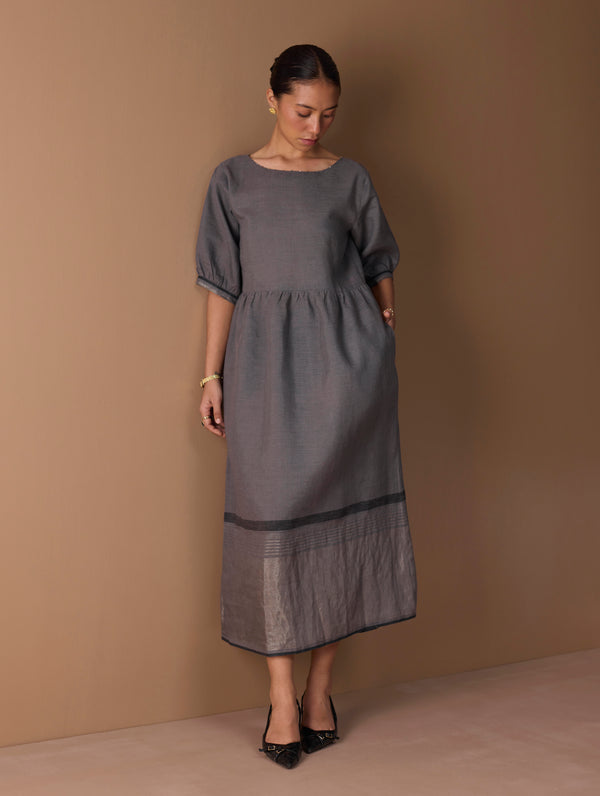 Mara Metallic Linen Gathered Dress - Metallic Grey
