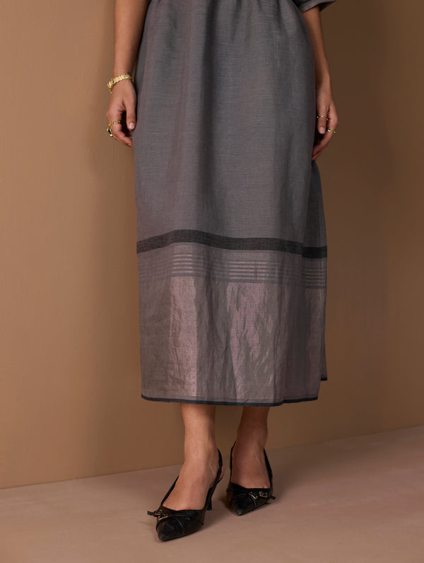 Mara Metallic Linen Gathered Dress - Metallic Grey