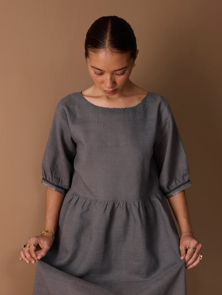 Mara Metallic Linen Gathered Dress - Metallic Grey