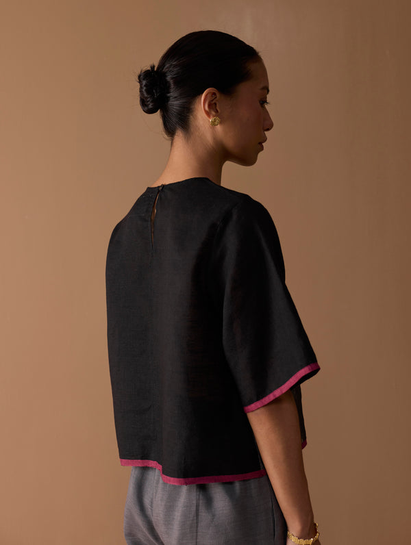 Ozra Cropped Linen Top - Metallic Black