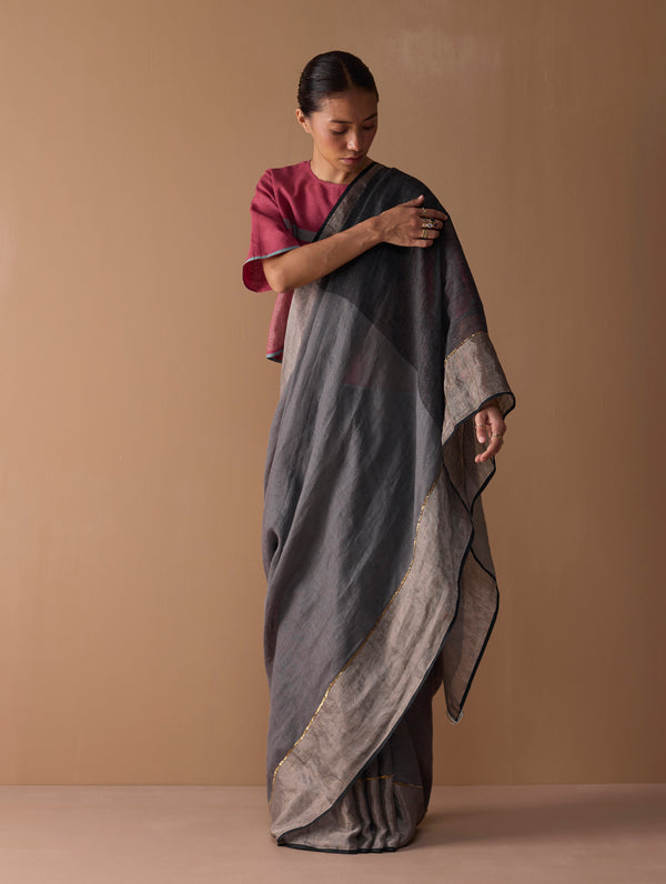 Zana Metallic Handloom Linen Saree - Metallic Grey