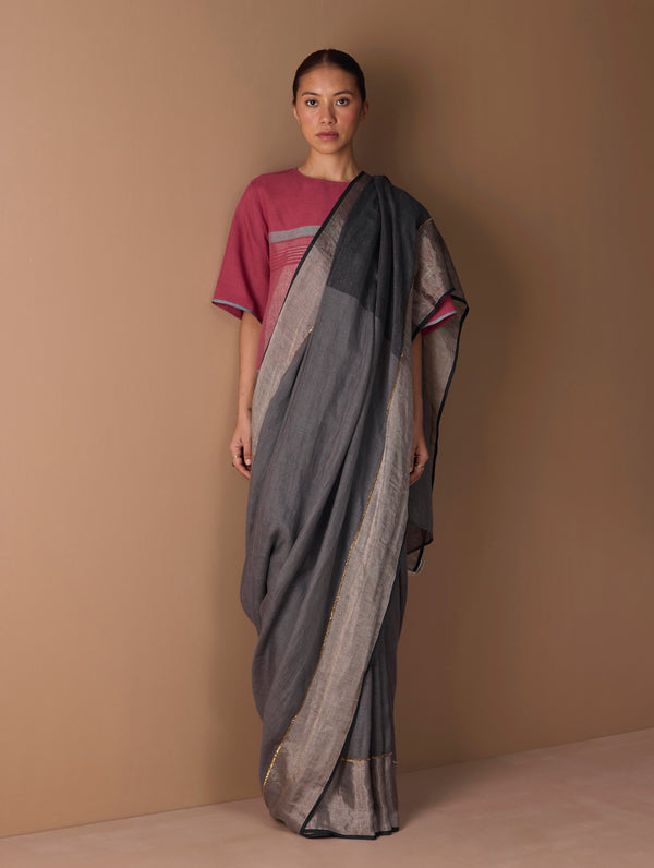 Zana Metallic Handloom Linen Saree - Metallic Grey