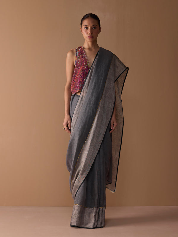 Zana Metallic Handloom Linen Saree - Metallic Grey
