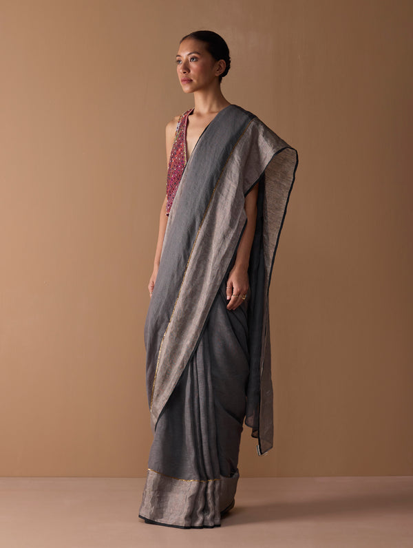 Zana Metallic Handloom Linen Saree - Metallic Grey
