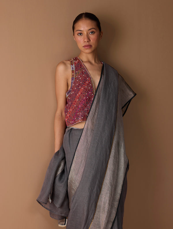 Zana Metallic Handloom Linen Saree - Metallic Grey