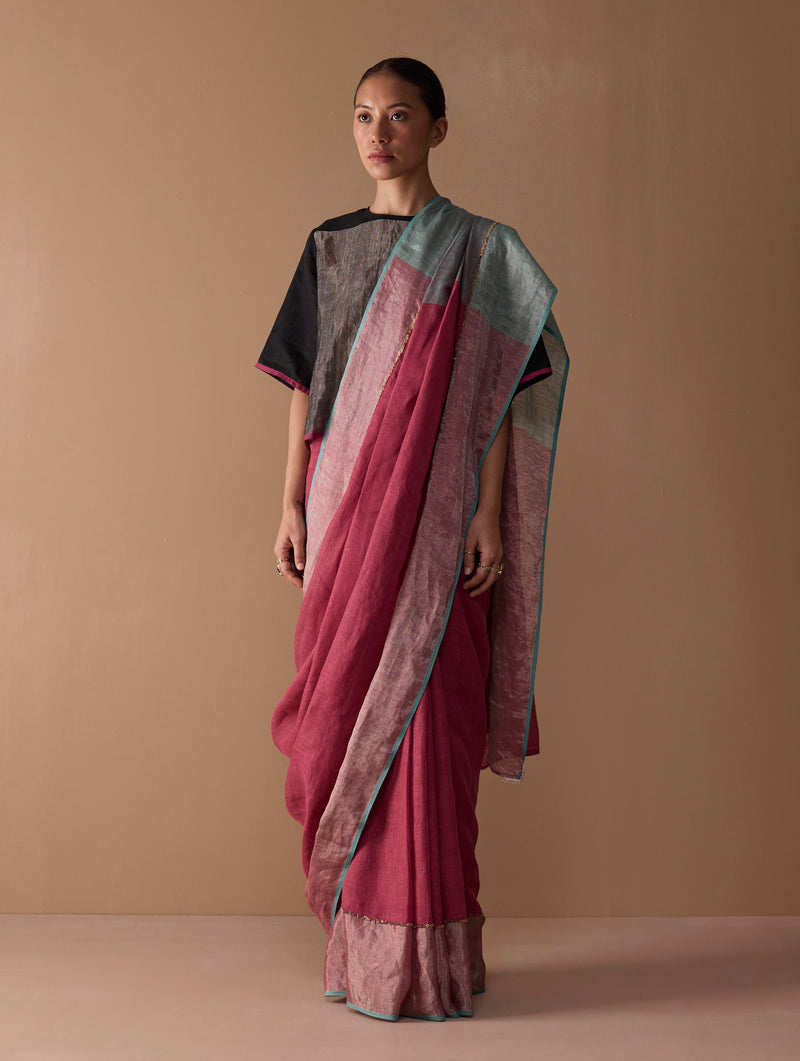 Zana Metallic Handloom Linen Saree - Metallic Crimson