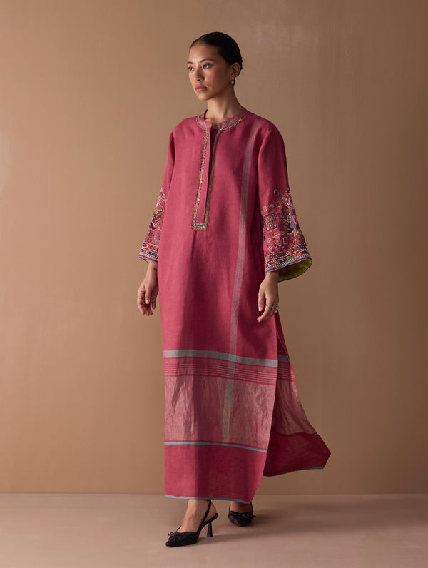 Afshan Hand-Embroidered Dress - Metallic Crimson