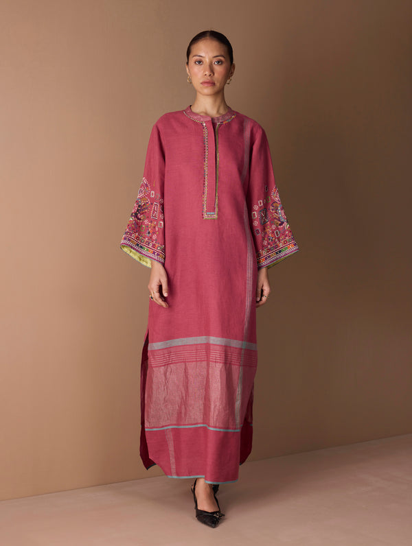 Afshan Hand-Embroidered Dress - Metallic Crimson