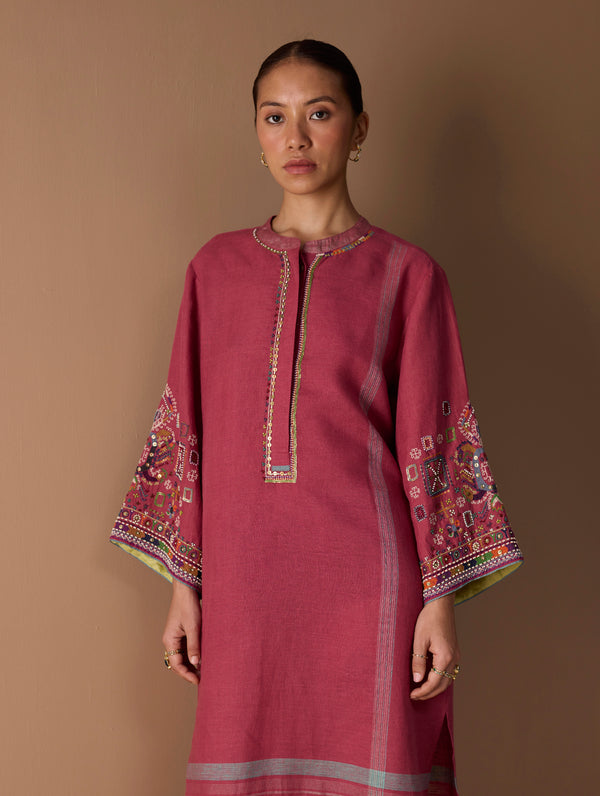 Afshan Hand-Embroidered Dress - Metallic Crimson