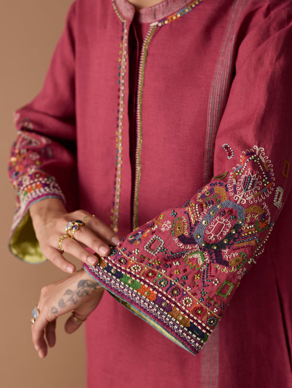 Afshan Hand-Embroidered Dress - Metallic Crimson