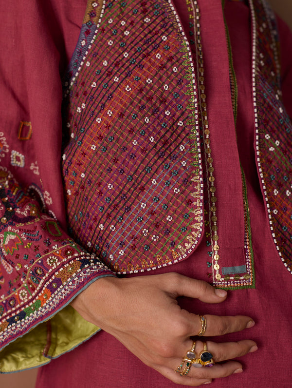 Riza Hand-Embroidered Vest - Metallic Crimson