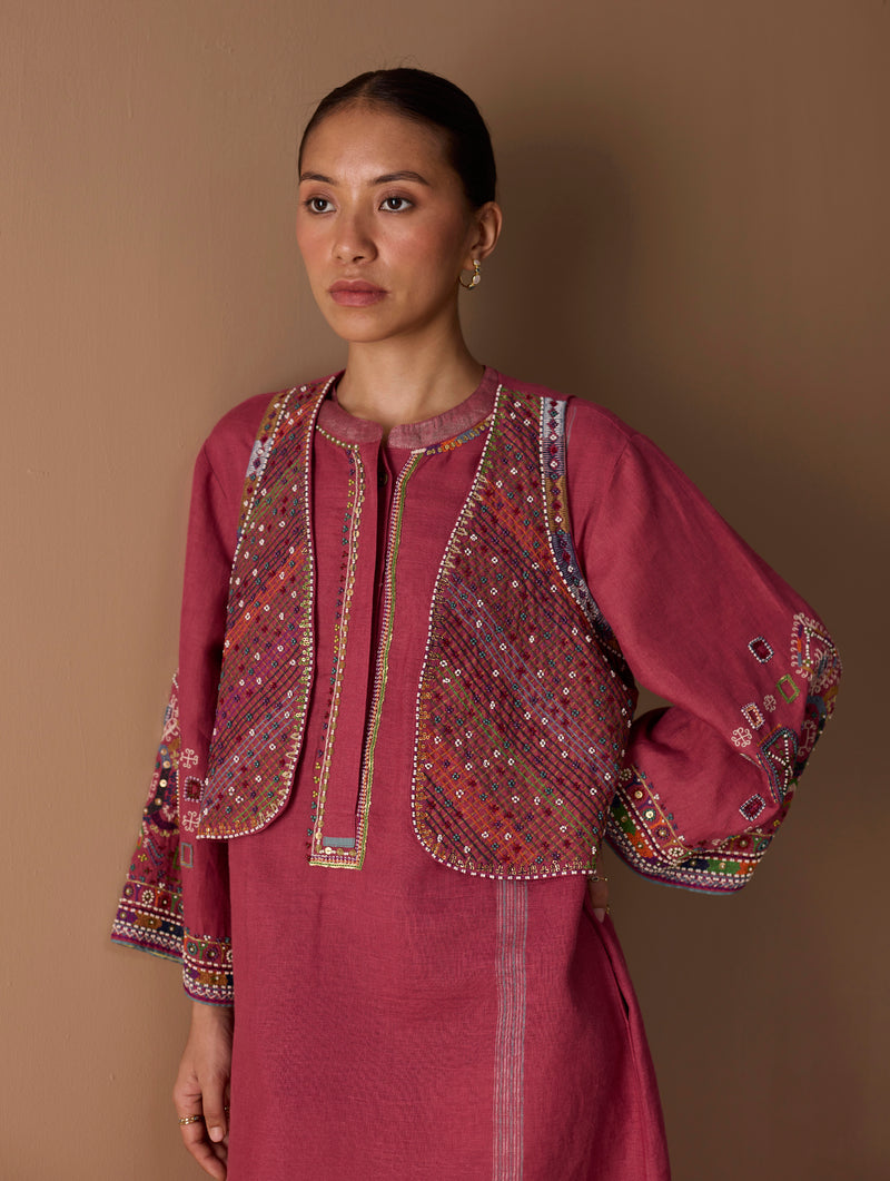Riza Hand-Embroidered Vest - Metallic Crimson