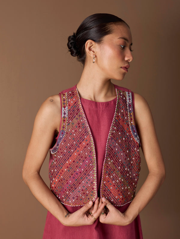 Riza Hand-Embroidered Vest - Metallic Crimson