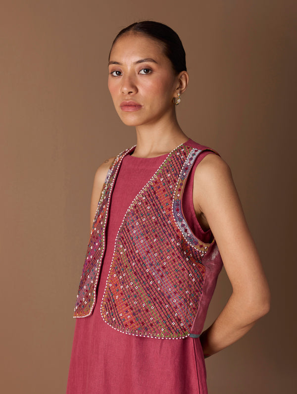 Riza Hand-Embroidered Vest - Metallic Crimson