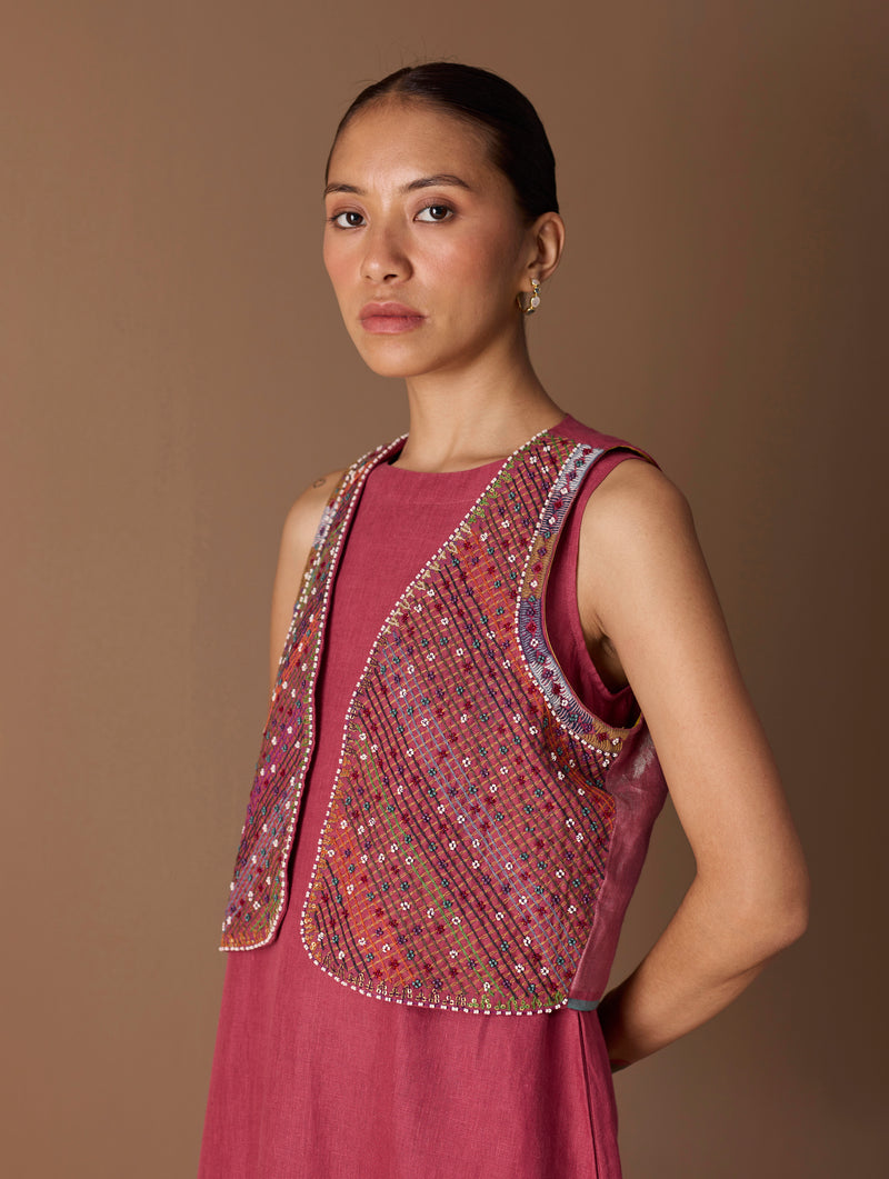 Riza Hand-Embroidered Vest - Metallic Crimson