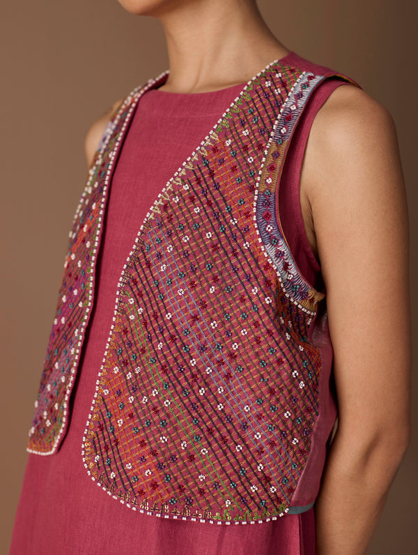 Riza Hand-Embroidered Vest - Metallic Crimson